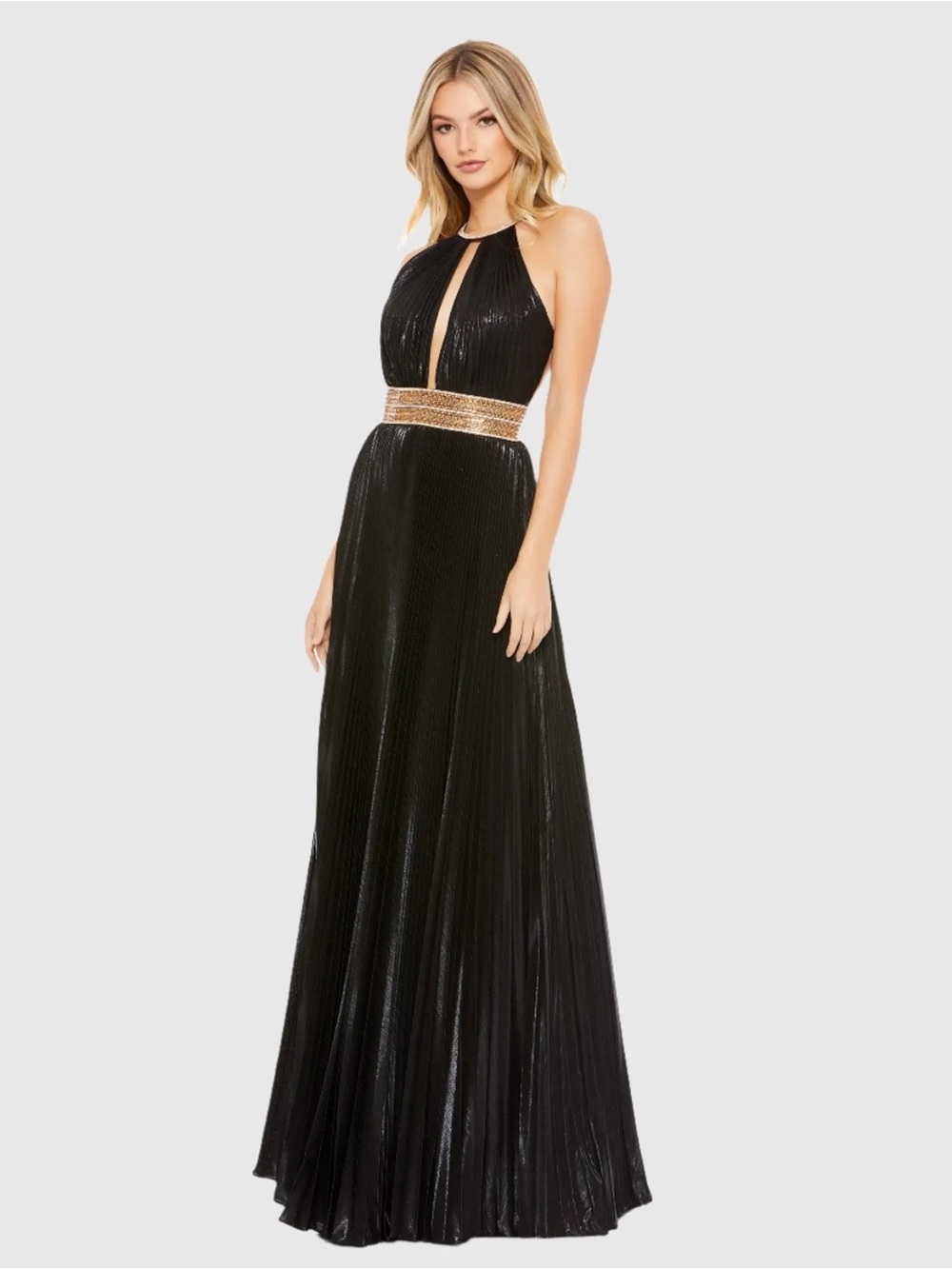 Black Pleated Embellished Halter Open Back Gown Mac Duggal Sz 12